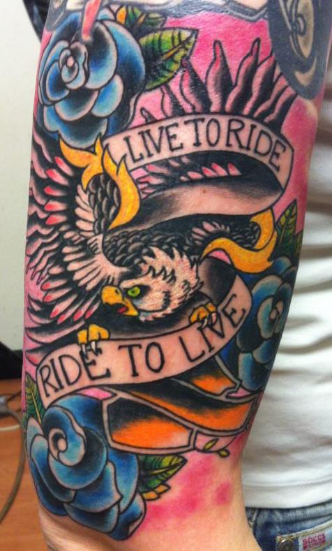 Colorful Eagle And Harley Davidson Bike Traditional Tattoo On Half Sleeve