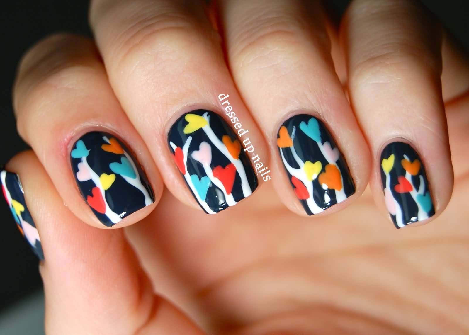 Colorful Hearts With White Strip Design Nail Art