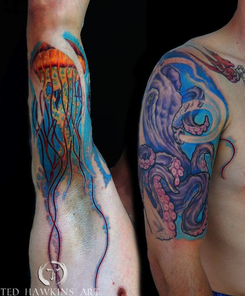 Colorful Nice Octopus And Jellyfish In Sea Tattoos