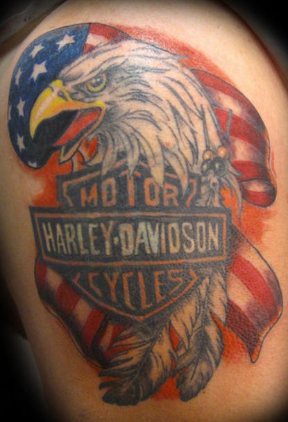 Colorful Patriotic Harley Davidson Logo Tattoo