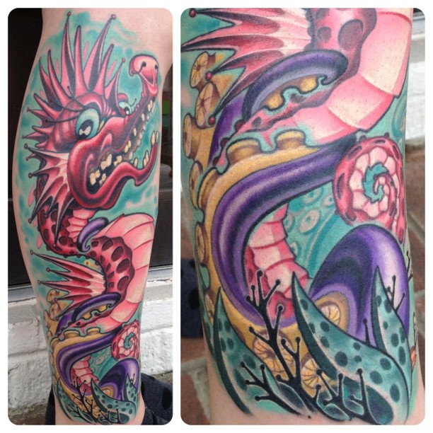 Colorful Seahorse Under Water Tattoo