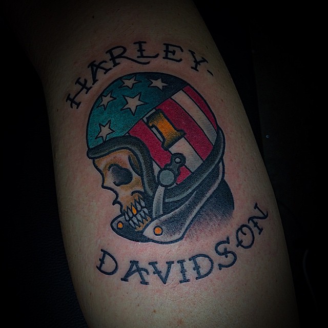 Colorful Skull Wearing Helmet Harley Davidson Tattoo