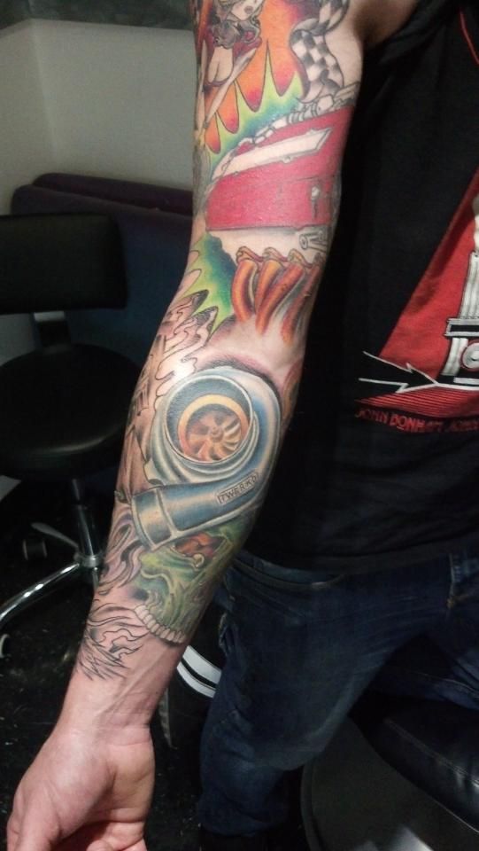 Colorful Turbo Charger Tattoo On Full Sleeve