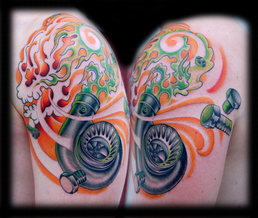 Colorful Turbo Flames And Nuts Tattoo On Shoulder