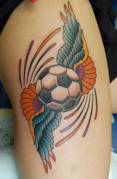 Colorful Winged Football Tattoo