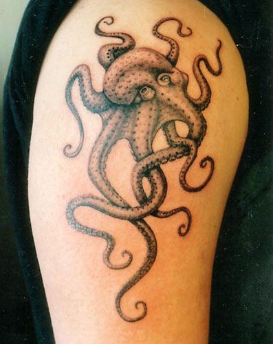 Cool Grey Sea Creature Octopus Tattoo On Right Shoulder