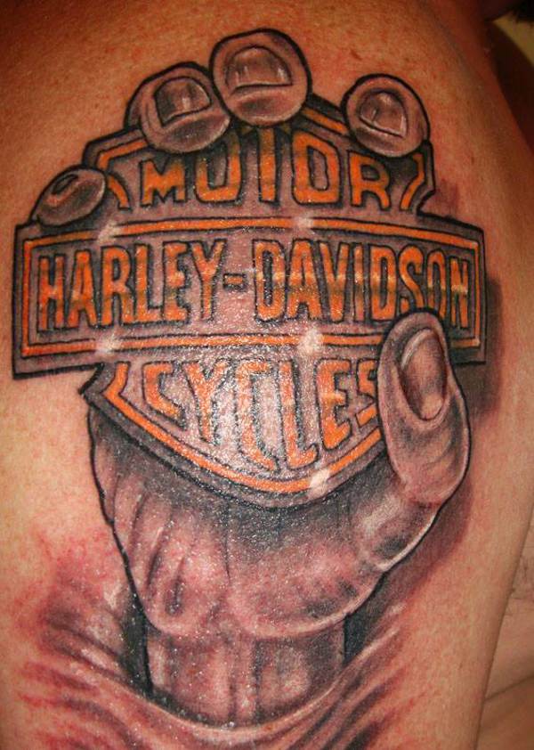 Cool Hand Holding Harley Davidson Logo Tattoo