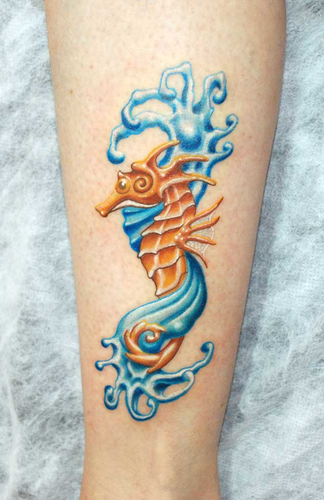 Cool Orange Seahorse With Water Tattoo