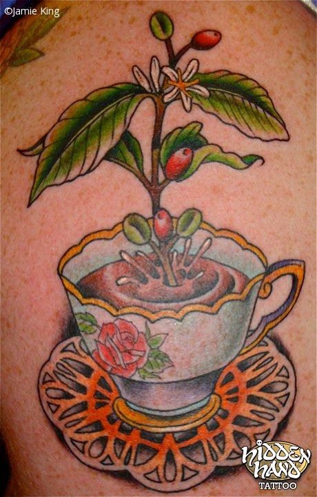Creative Coffee Plant In Coffee Pot Tattoo