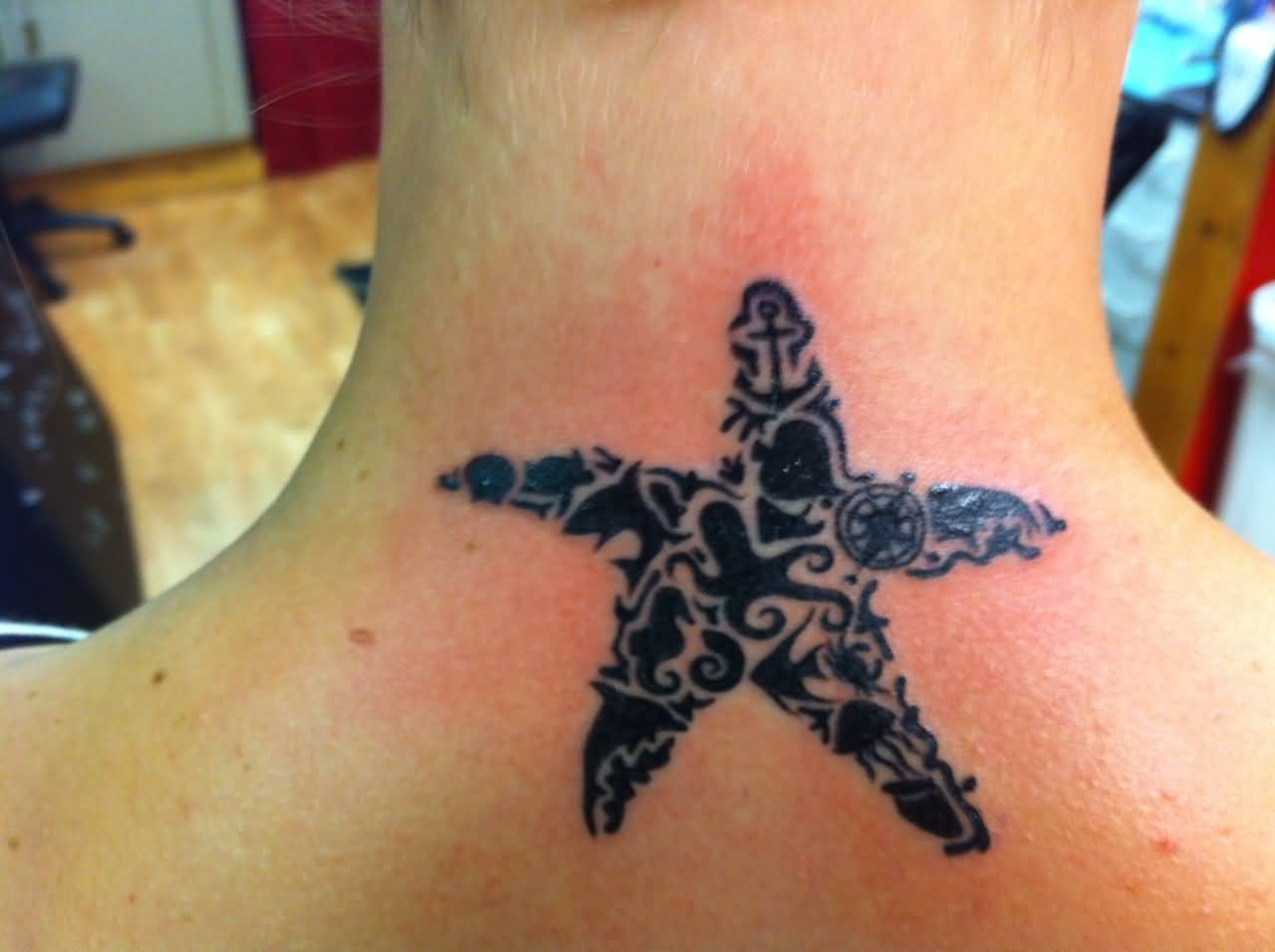 Creative Grey Ink Starfish Tattoo On Nape