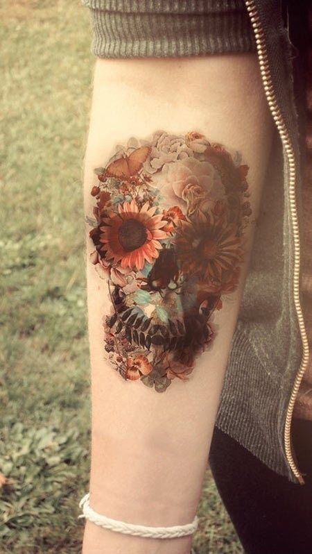 Creative Plant Flower Skull Tattoo On Forearm