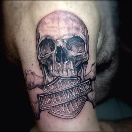 Crossed Bones Skull And Harley Logo Tattoo