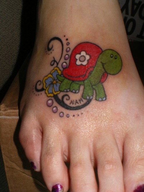 Cute Cartoon Tortoise Tattoo On Foot