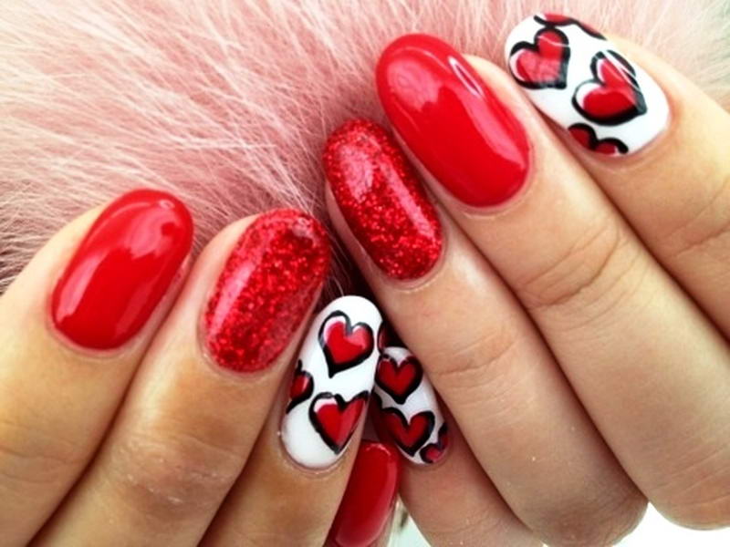 Cute Red Hearts With Black Outline On White Nails Design