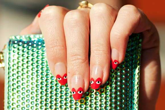 Cute Red Hearts With Eyes Nail Art