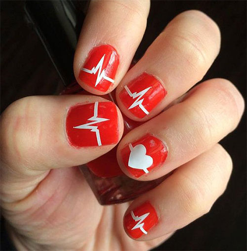 Cute Red Nails With White Heartbeat Nail Art