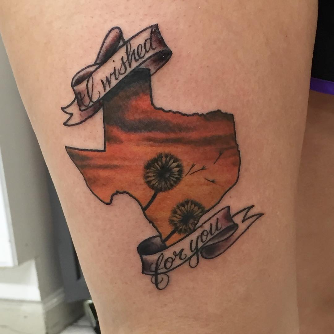 Dandelion Blowing From Puff View In Texas Map Tattoo
