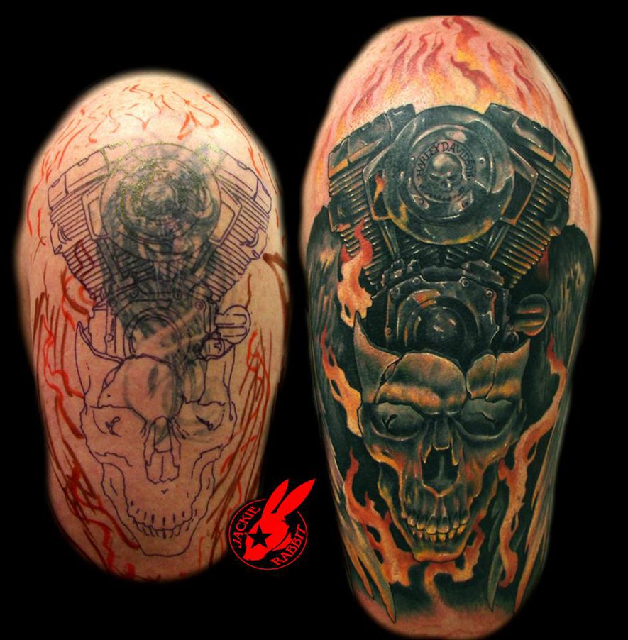 Dark Ink Flaming Harley Engine With Skull Tattoo