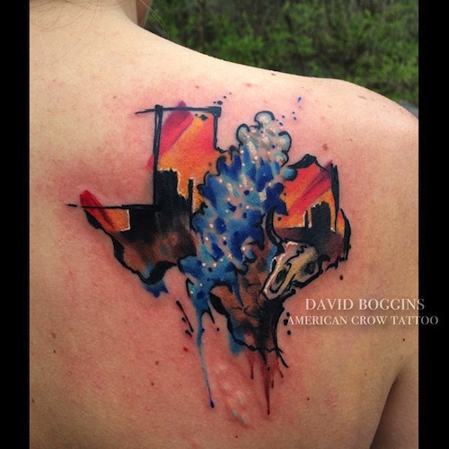 Desert View In Texas Map Watercolor Tattoo On Right Back Shoulder