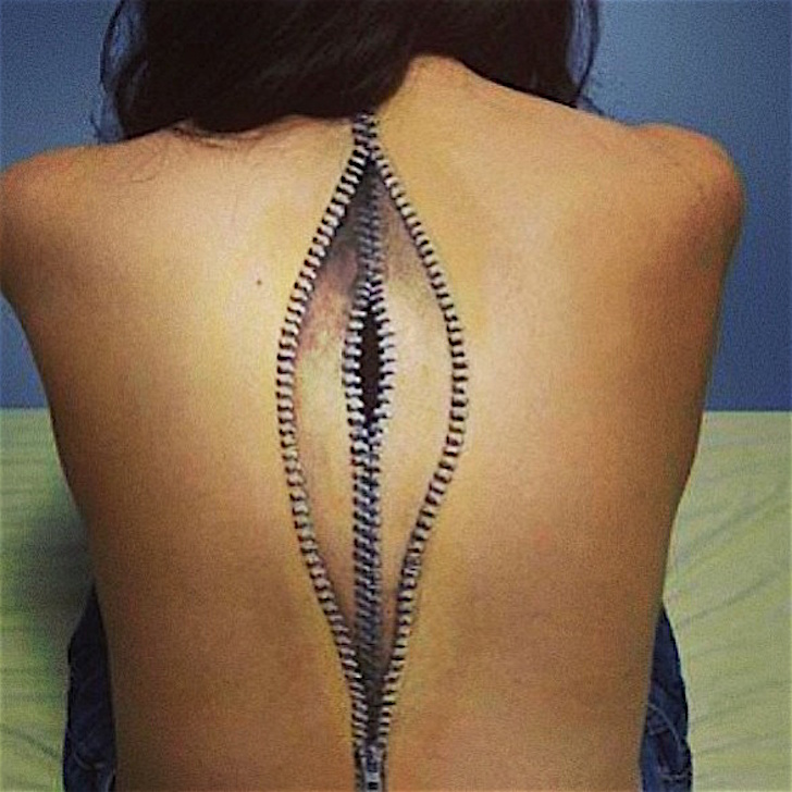 Double Layer Zipper Tattoo On Spine Chord For Girls