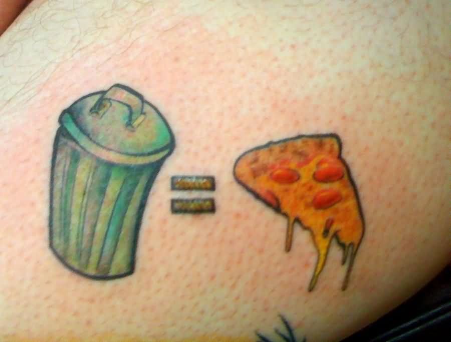 Dustbin Equals To Pizza Slice Tattoo