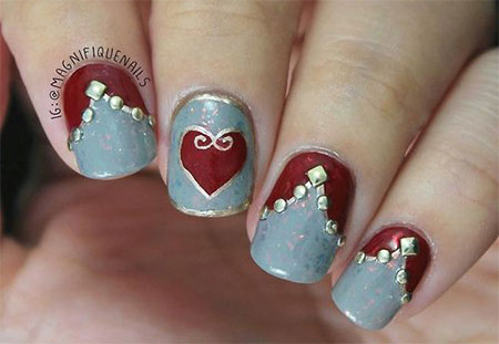 Elegant Red Hearts Nail Art With Caviar Beads Design
