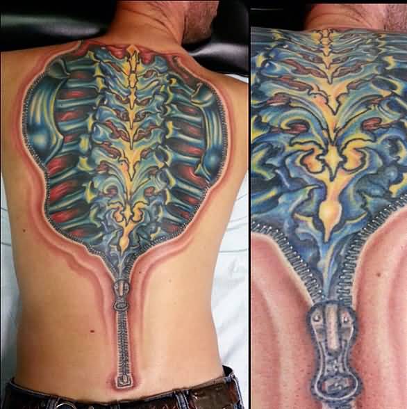 Exposed Spine Zipper Tattoo On Full Back For Men