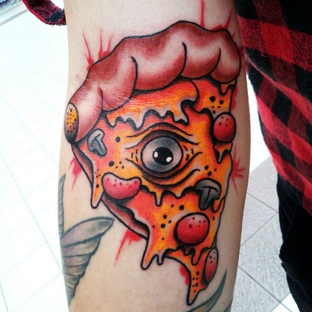 Eye On Pizza Slice Tattoo On Arm