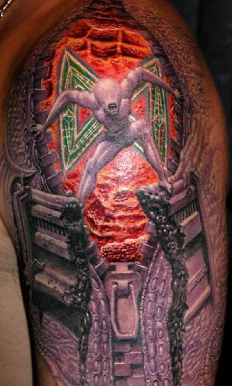 Fantastic 3D Alien Zipper Tattoo On Left Half Sleeve