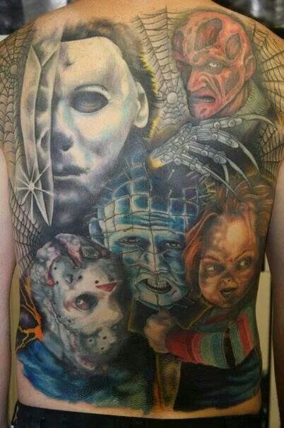 Fantastic Pinhead And Freddy Krueger With Michael Myers Tattoo On Full Back