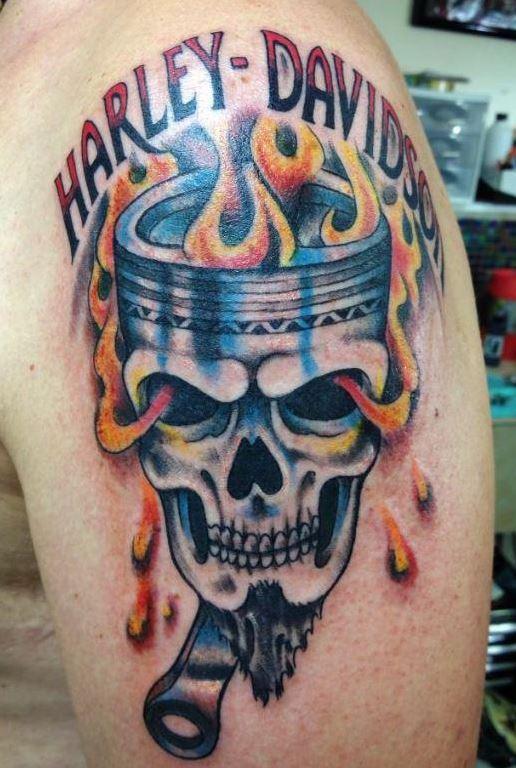 Flaming Harley Engine Skull Tattoo