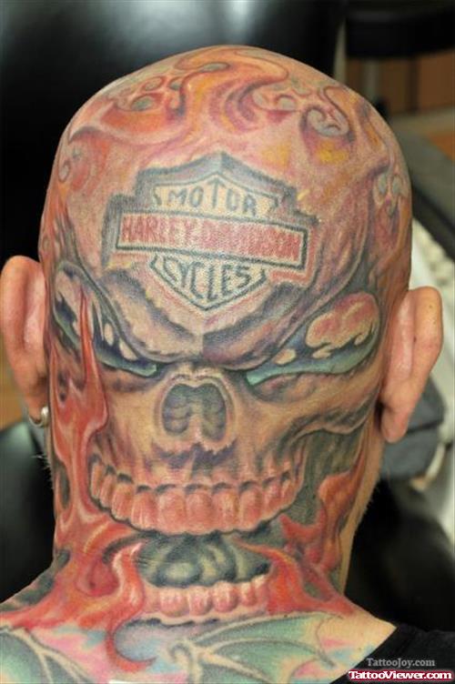 Flaming Skull Harley Davidson Back Head Tattoo