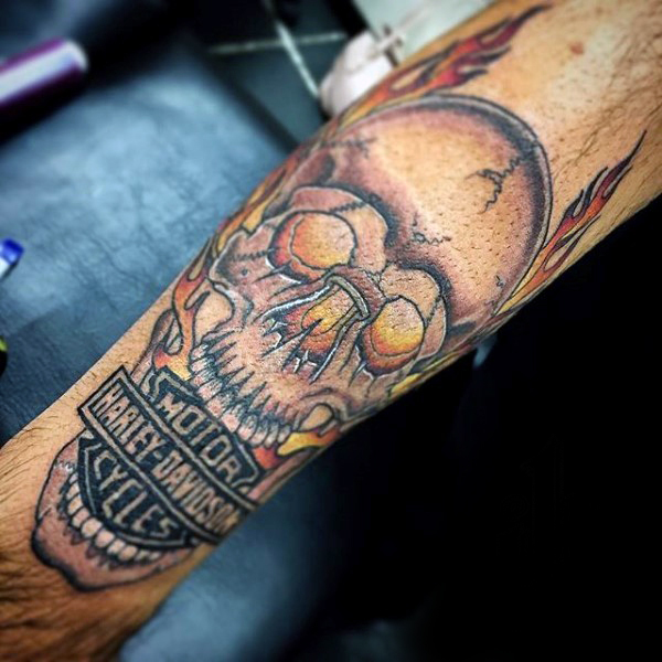 Flaming Skull Harley Davidson Logo Tattoo On Forearm