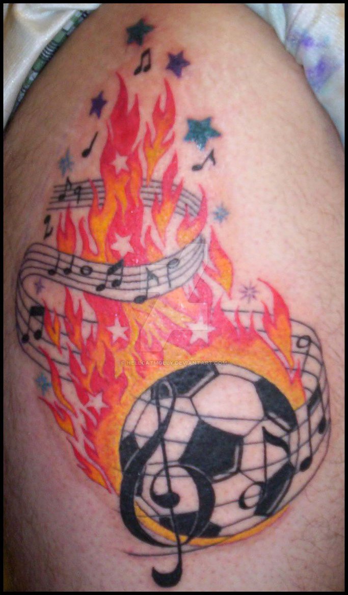 Flaming Soccer Ball With Music Notes Tattoo By Hellcatmolly