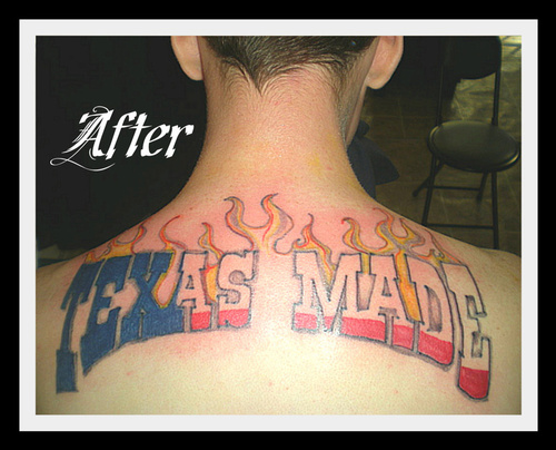 Flaming Texas Made Texts Tattoo On Upper Back