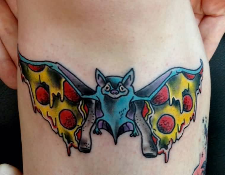 Flying Bat With Pizza Wings Tattoo
