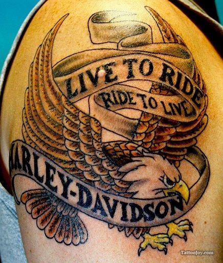 Flying Eagle Harley Davidson Banner Tattoo On Right Shoulder
