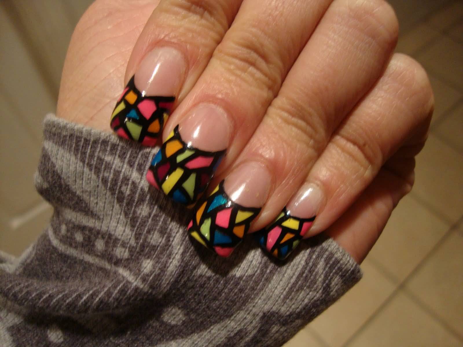 French Tip Colorful Mosaic Nail Design Idea