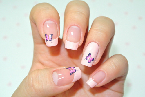 French Tip Nails With Pink Butterflies Nail Art
