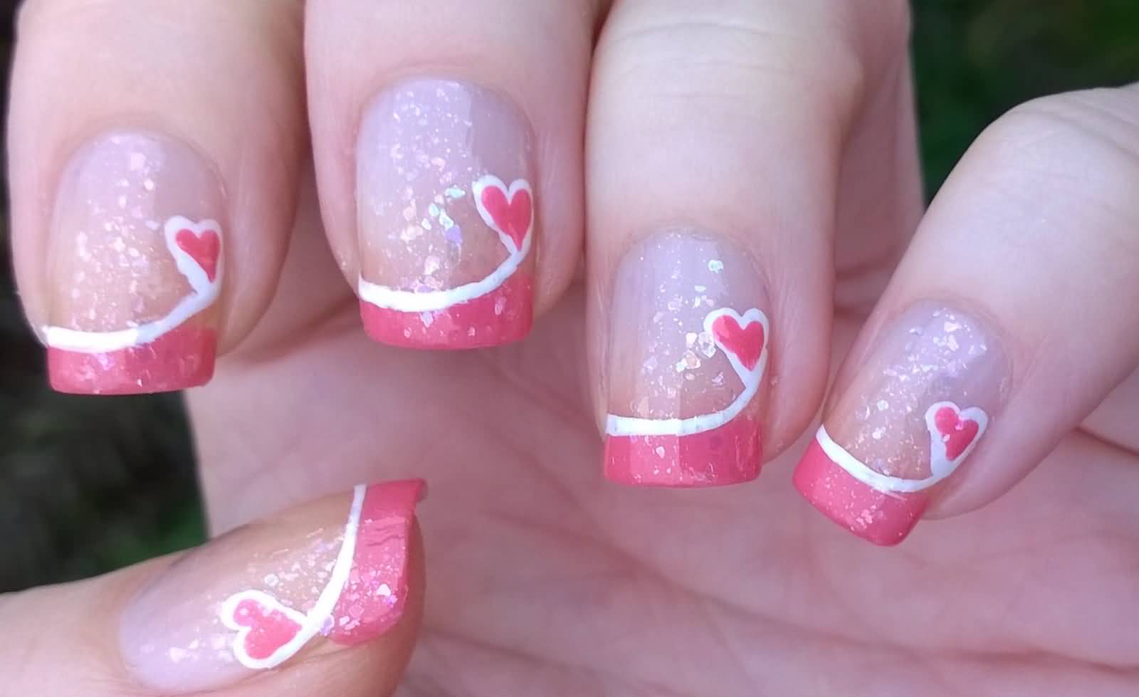 French Tip Pink Hearts Nail Art