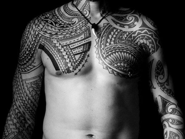 Full Sleeve And Chest Samoan Tribal Tattoo For Men