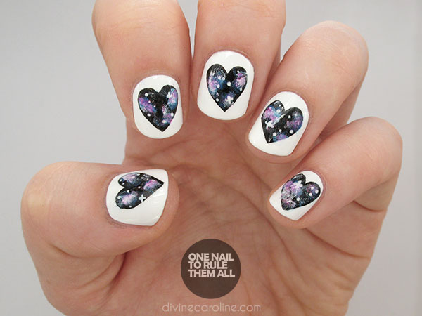 Galaxy Hearts On White Nails Art Design Idea
