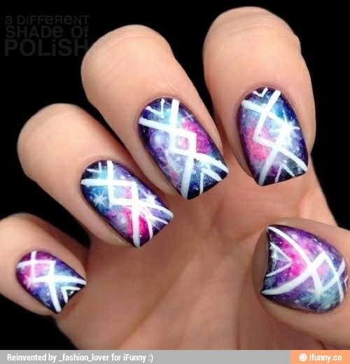 Galaxy Nails With White Stripes Pattern Nail Design