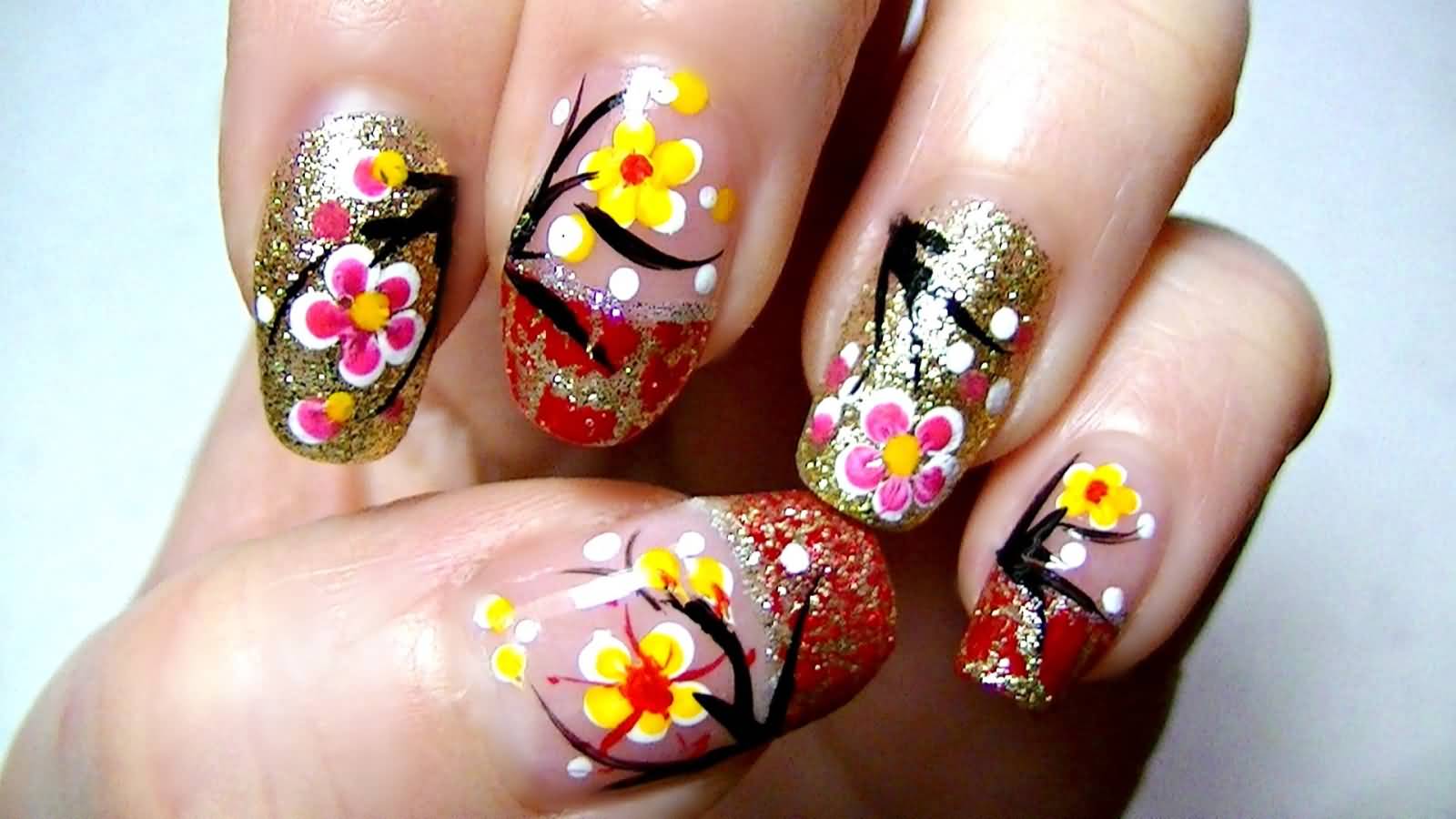 Glitter Chinese Flowers Nail Art