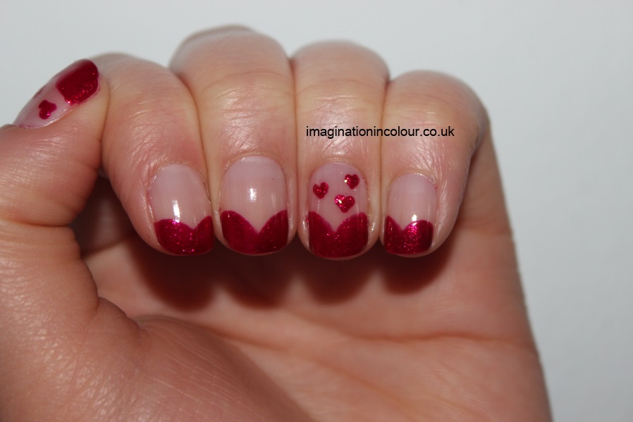 Glitter Gel French Tip And Hearts Design Nail Art Idea