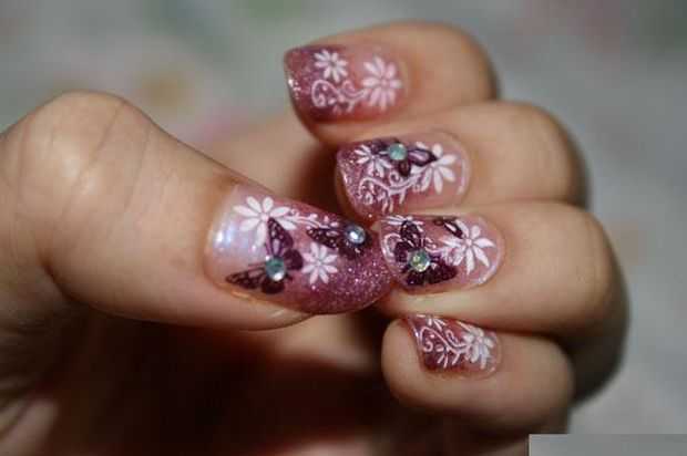 Glitter Gel Tip Nails With Butterflies And Flowers Design Nail Art