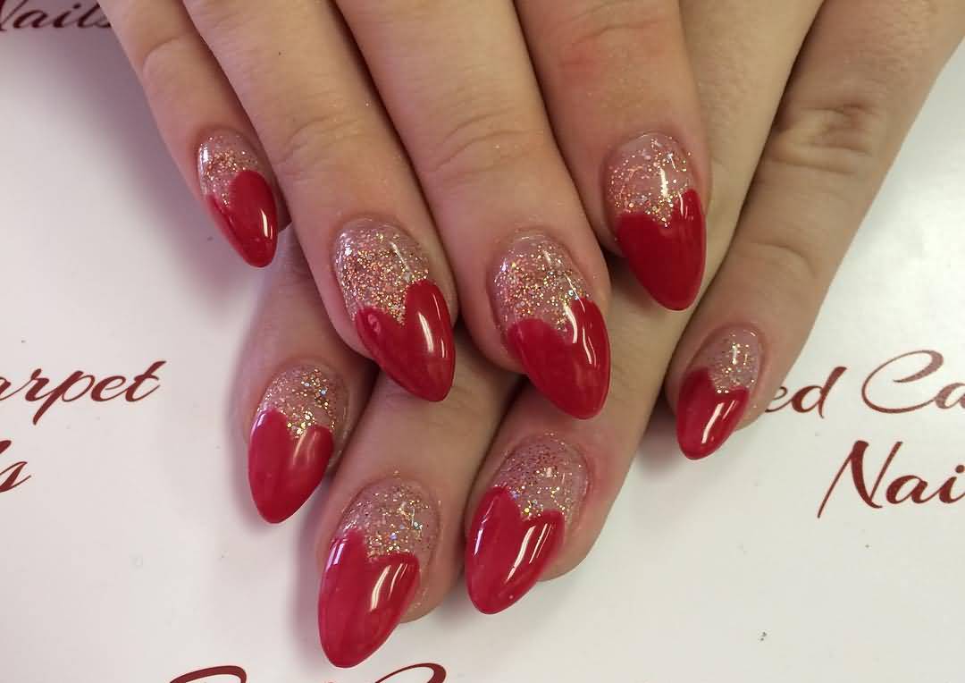 Glitter Nails With Red Hearts French Tip Nail Art