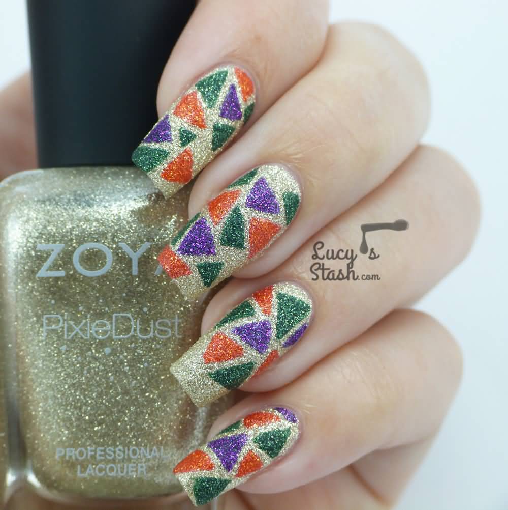 Glitter Triangles Mosaic Nail Art Design Idea