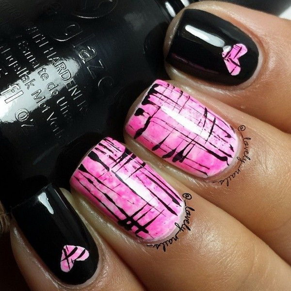 Glossy Black Nails With Pink Hearts Nail Art Design Idea