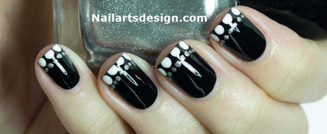 Glossy Black Nails With White And Silver Polka Dots Design
